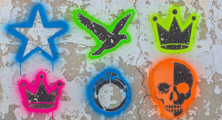 Colorful Graffiti Art Featuring Crown, Skull, and Bird Symbols. © Rehan