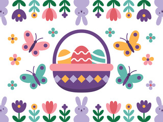 Fototapeta premium Easter basket holds decorated eggs surrounded by butterflies, flowers, and stylized rabbits.