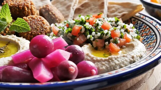 Delicious Middle Eastern platter with falafel, hummus, tabbouleh and pita bread