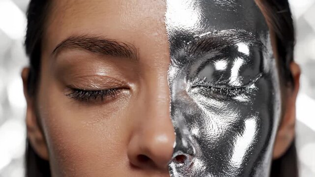 Womans face half coated in silver metallic paint showing transformation. Natural skin on one side blends into shiny metal finish. Futuristic beauty and cyber concept for digital art and makeup