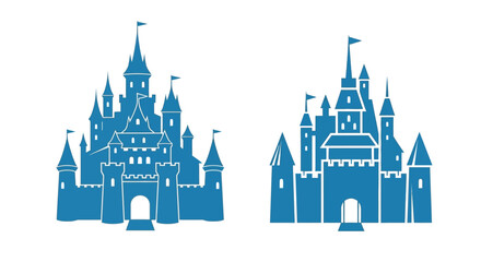 Two blue castle illustrations with detailed turrets and flags silhouette © mst