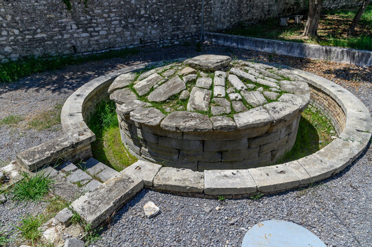 Funerary Monument of Menecrates, circular archaic tomb from around 600 BC covered with radial stone slabs, Corfu, Greece