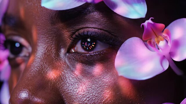 Womans eye framed by orchid petals. Artistic close-up of african american womans gaze blending beauty with nature. Purple flowers enhancing poetic visual sequence in macro beauty concept.