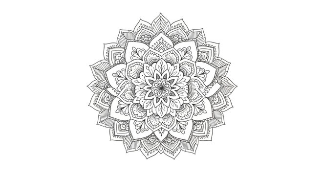 Intricate henna design with tailed mehndi patterns on a white background, showcasing an abstract flower pattern in a circular illustration.