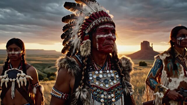 Native American Warriors at Sunset - A group of Native American warriors stand together on a grassy plain against a backdrop of mesas and a vibrant sunset.