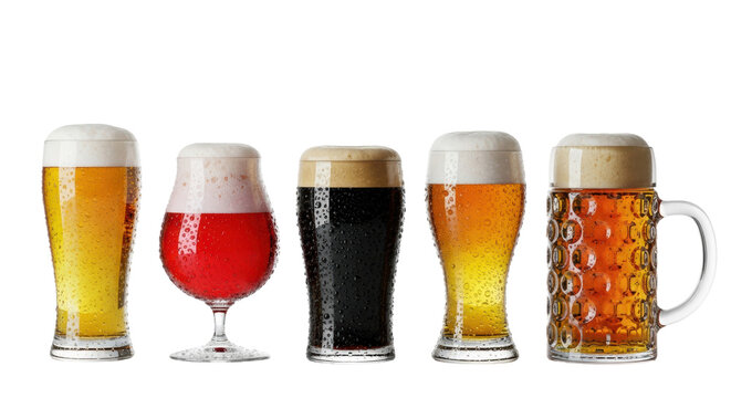 five hyper-detailed craft beers (pilsner, stout, sour, wheat, lager) in diverse glassware with condensation and perfect foam, rim lighting, isolated on high-key white background, concept for beverage