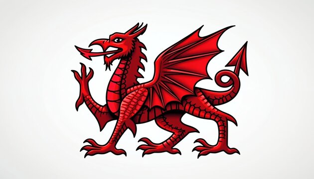 Red dragon illustration, national symbol of Wales. Mythical creature stands powerfully, wings spread. Iconic heraldic beast on clear background, graphic design element.
