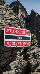 Warning Sign Displaying Avalanche Danger High and Advising Proceeding With Caution In Mountainous