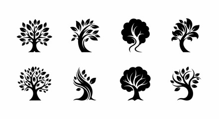 Fototapeta premium Various Black Tree Silhouettes on White.
