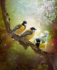 Naklejka premium Flock of Tit Birds sitting on tree branch in fantasy mysterious spring garden with sakura bloom, fabulous fairy tale floral background with portrait of three cute little songbirds, beauty of nature.