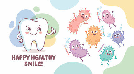 Fototapeta premium Cartoon Tooth Character with Germs Illustration.