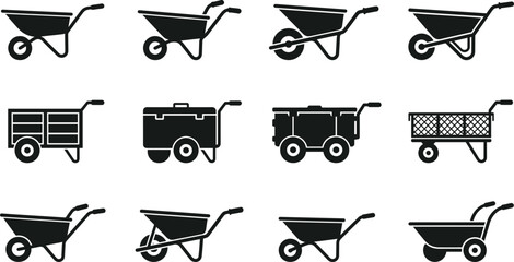Wheelbarrow and garden cart icon set for landscaping construction farming and gardening work equipment collection with industrial utility trolley silhouettes vector isolated design © Junayid