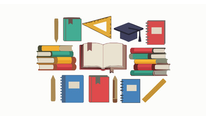 Flat cartoon stacked books and school symbols education concept vector illustration
