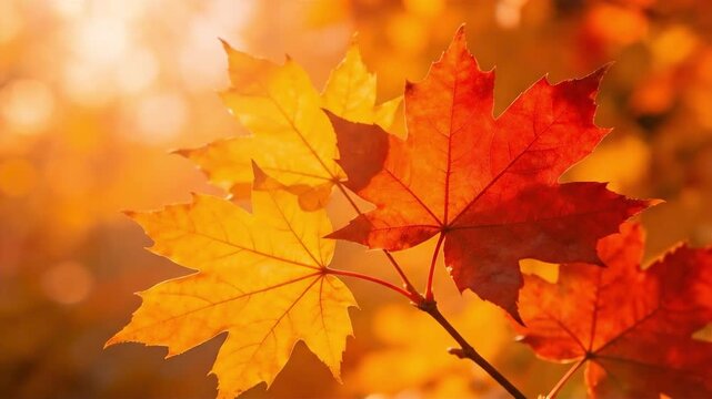Vibrant autumn maple leaves backlit by warm sunlight, showing red and yellow fall foliage, suitable for seasonal design, nature background, fall theme, holiday promotion, and environmental concept.