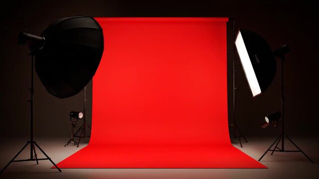 Professional photography studio setup with red backdrop and lighting equipment for high-quality image capture