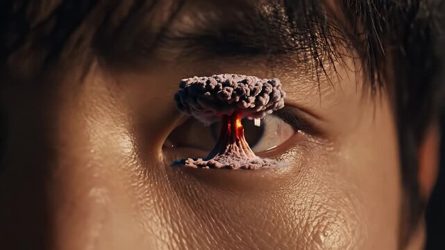 Nuclear Explosion Reflection in Eye - A close-up shot depicts a human eye with a nuclear explosion reflected in its pupil. The explosion is shown as a miniature mushroom cloud.