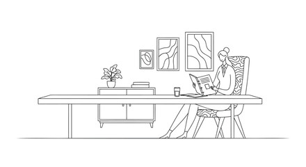 Vector illustration of a woman working on laptop at desk