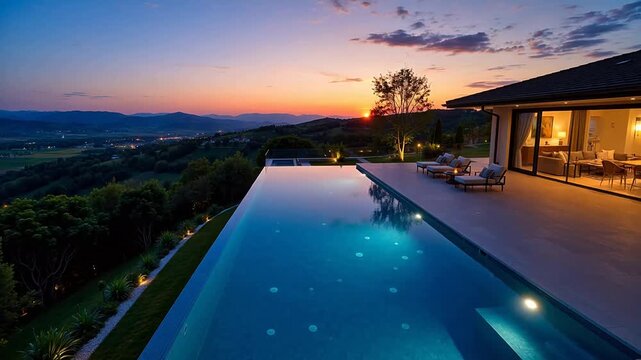 Luxury pool villa at sunset