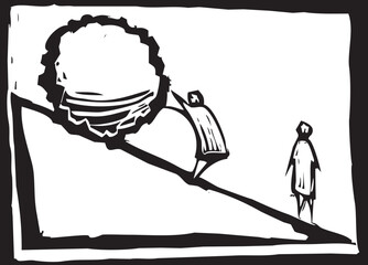 Man pushing a boulder up a hill © xunantunich