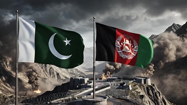 Pakistan and Afghanistan Border Conflict - The flags of Pakistan and Afghanistan fly over a tense border zone amidst signs of conflict, with smoke plumes rising in the background.