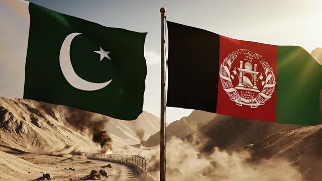 Pakistan and Afghanistan Border Conflict - The Pakistan and Afghanistan flags wave over a tense border zone amidst signs of conflict.
