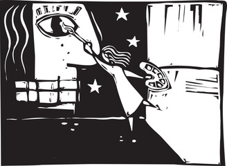 Woodcut style image of woman painting a mural © xunantunich