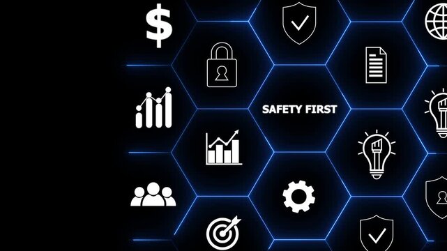 Safety first and work safety concept. Safety at workplace, safety first, protections, health, regulations and group insurance.Working standard process.Zero accidents.Operational excellence concept.4k