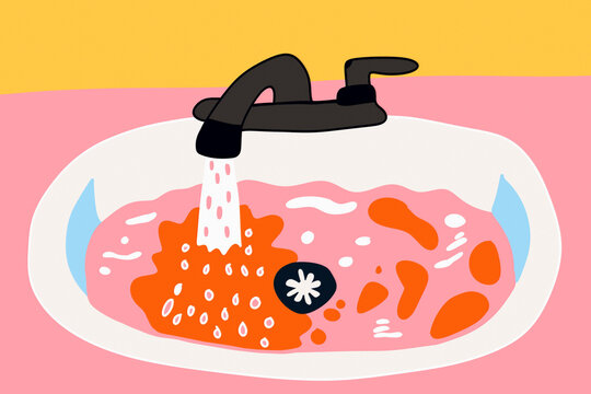 Illustration of plumbing issue with colorful sink clog