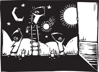 Woodcut style image of people working on a mural together © xunantunich