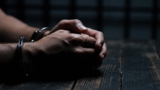 Hands cuffed together resting on a wooden table in a dimly lit prison cell viewed from the side
