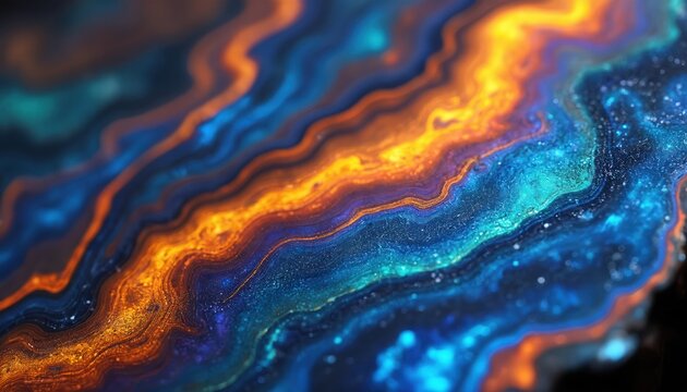 Abstract iridescent mineral with swirling blue and orange layers. Close up of polished gemstone surface with glowing light and fine texture. Natural pattern background.