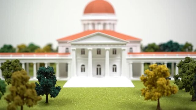 Miniature model of government building with red dome, lawn, and trees, viewed from the front