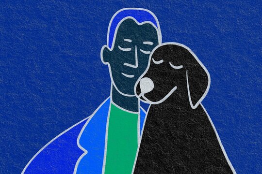 Man and dog embracing in a heartfelt moment