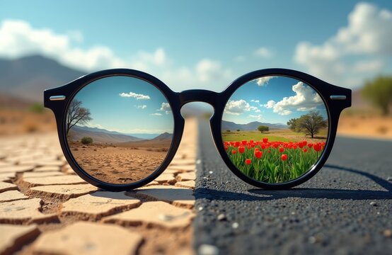 Glasses show contrasting landscapes dry desert versus green field with tulips. Change, hope, different perspectives on life. Hopeful outlook transforms bleak environment. New beginnings visual