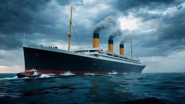 Large ocean liner with smokestacks in rough sea