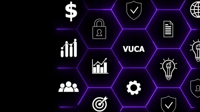 VUCA and strategic management. Smart management for new trend and rapid transition. Touching on VUCA text surrounded by volatility, uncertainty, complexity, ambiguity icons.Background, copy space.4k