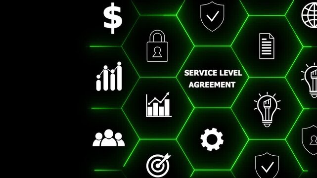 glowing neon Service Level Agreement (SLA), business concept. Service performance tracking to reduce the uncertainty the customer in process.Businessman glowing on SLA with smart screen background.4k