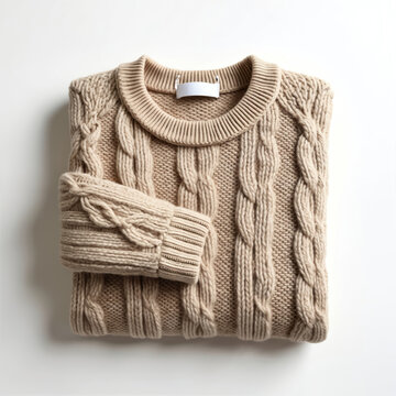 Folded beige cable knit sweater with crewneck. Soft warm wool cashmere blend fabric textile. Cozy casual wear for autumn or winter season style.