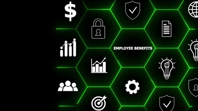 Employee benefits concept.Indirect and non-cash compensation paid to employees offered to attract and retain employees.Fringe benefits for employee engagement.Insurance, paid vacation,office perks.4k