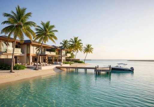 Luxurious beach villas with private docks and calm turquoise waters.