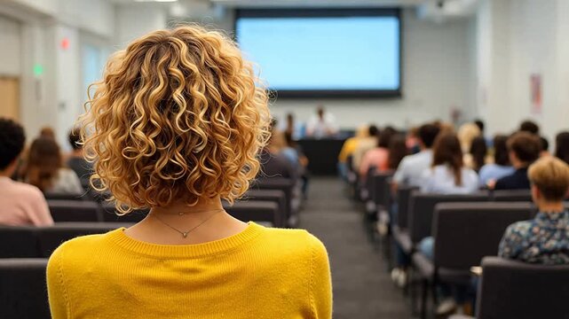 Woman in yellow sweater at conference