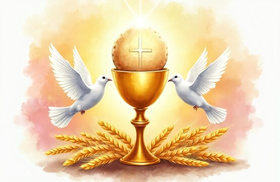 Golden chalice holds communion host with cross. Two white doves fly near wheat stalks. Religious illustration signifies peace, faith, and holy spirit.