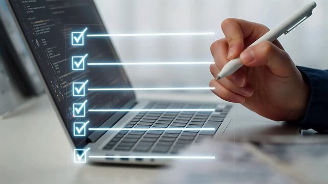 Hand holding pen near laptop with checklist