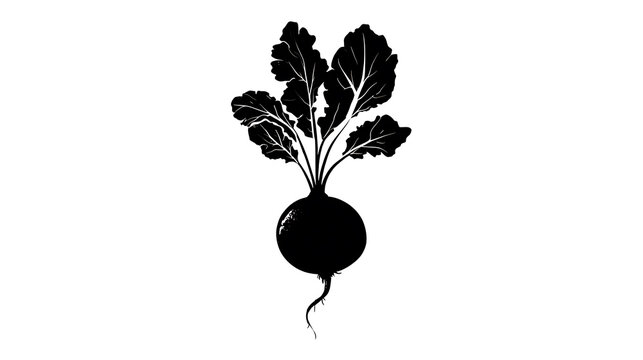 A graphic depiction of a turnip with leaves. The illustration is a monochromatic representation of the root vegetable, emphasizing its form and structure.
