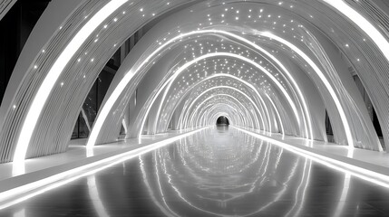 Obraz premium Futuristic tunnel with arched ceiling and reflective floor illuminated by white lights creating a sleek and modern architectural perspective
