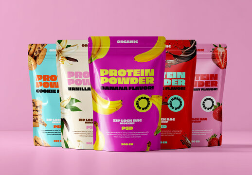Protein Powder Zip Lock Pouch Packaging Mockup Set