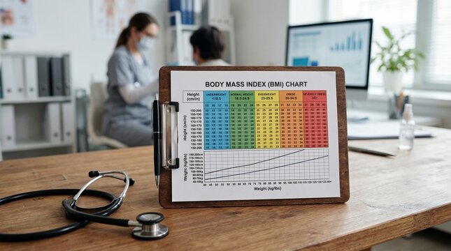BMI chart displayed on doctor's clipboard in medical office concept of World Obesity Day  