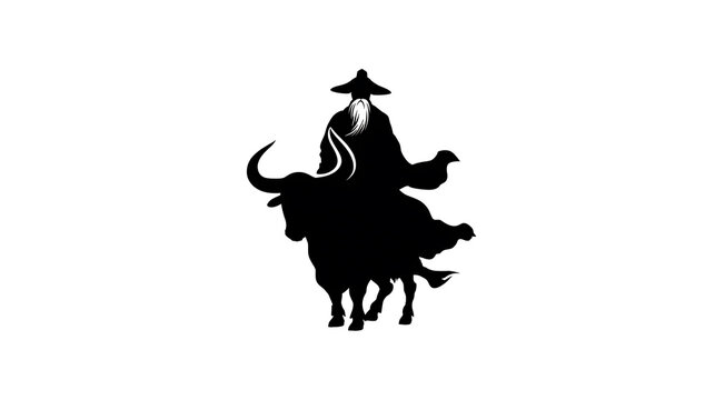 Silhouette of a wise elder riding a bull, embodying wisdom and serenity. The elder has a long beard and wears a traditional hat.