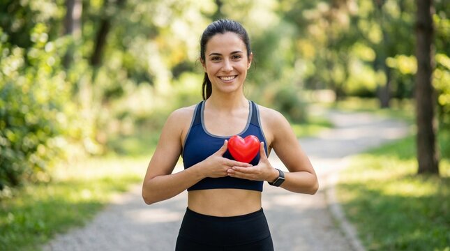 Young woman holding red heart symbol while smiling outdoors in park for World Obesity Day  