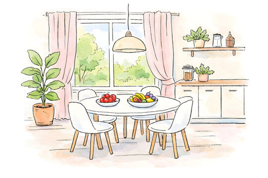 A dining area features a round table with bowls of fruit and four white chairs. Two large windows let in sunlight. Potted plants are nearby, adding green to the space